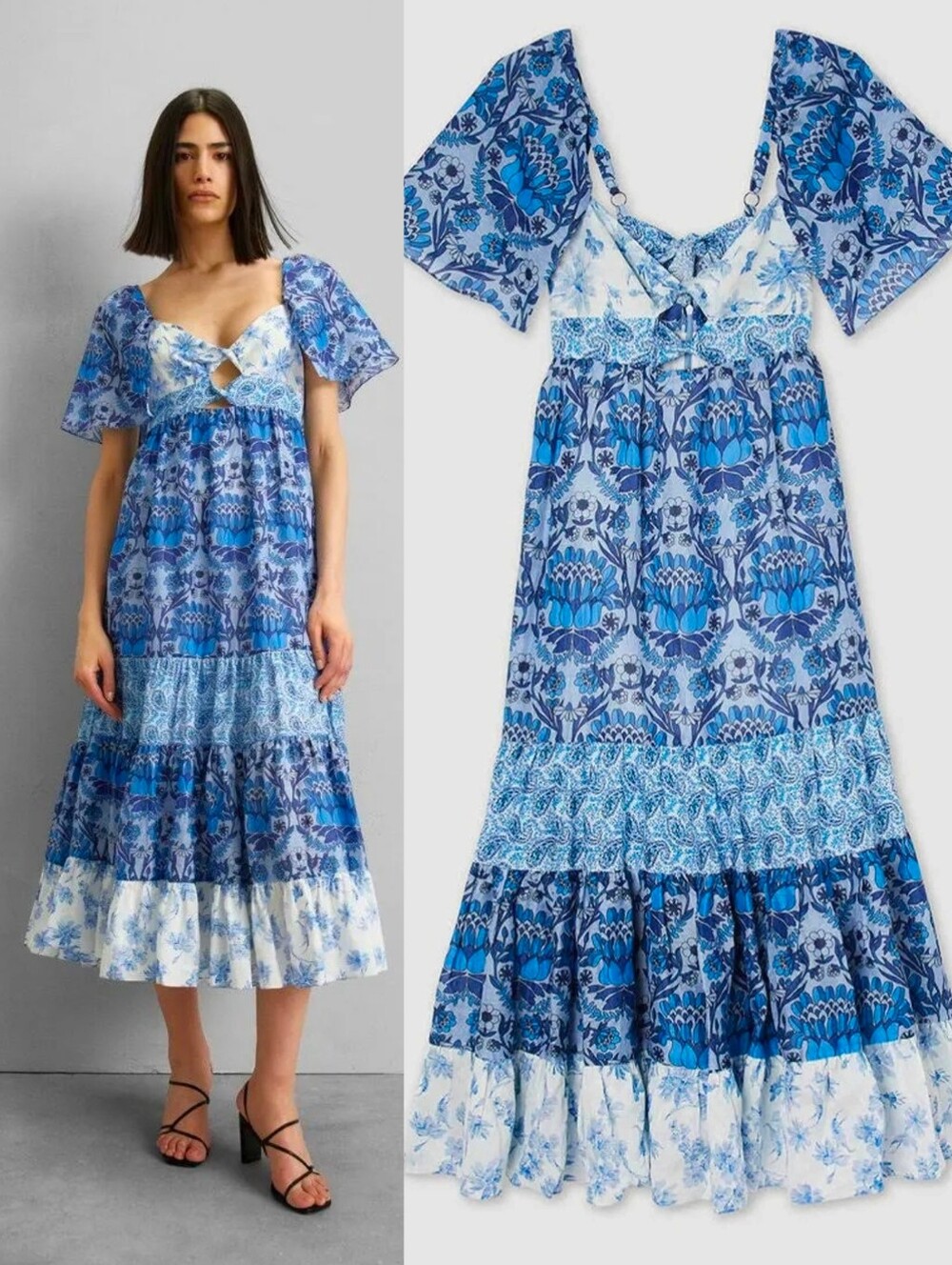 NWT SANDRO Blue Linen Blend Tiered Short Sleeve Mediterranean Floral Maxi Dress